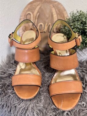 Coach Tan Triple-Strap Leather Sandals with Ankle Buckles